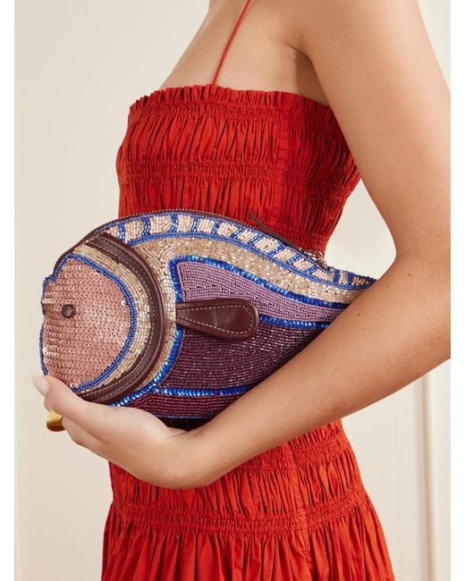 Staud Purple Pesce Beaded Leather Clutch