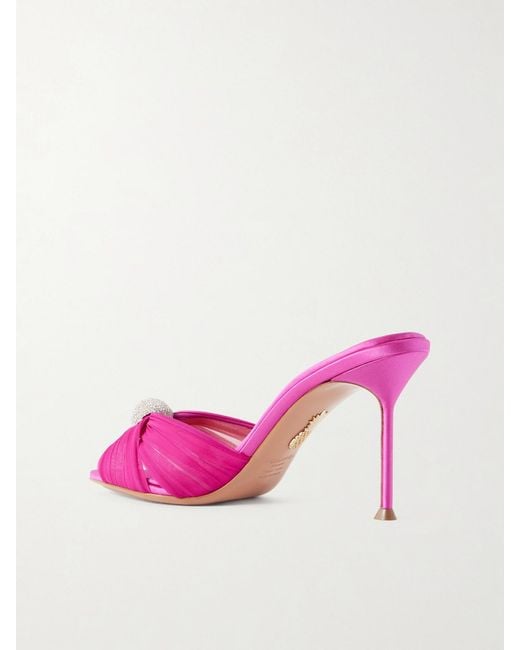 Aquazzura Pink Mystery 85 Crystal-Embellished Leather-Trimmed Chiffon Mules