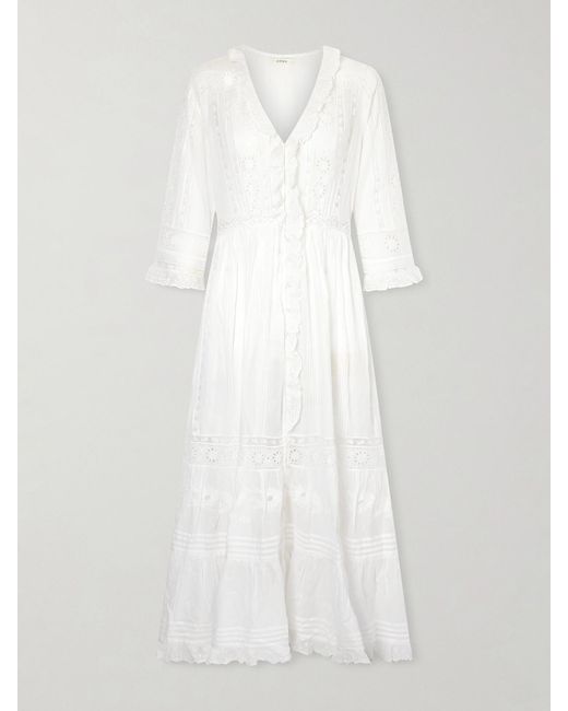 Doen White Clemencia Ruffled Lace-Trimmed Organic Cotton-Voile Midi Dress
