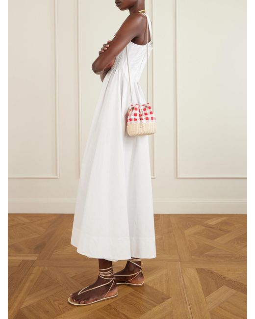 Jimmy Choo Red Bon Bon Embellished Woven Raffia Checked Woven Bucket Bag