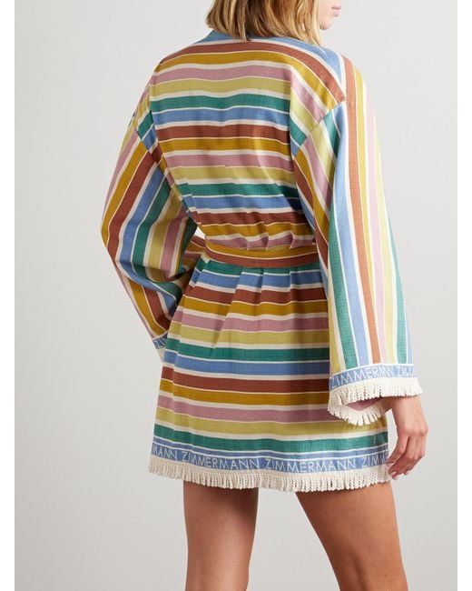 Zimmermann Multicolor Everley Sommermantel Aus Gestreiftem Baumwoll-Voile Mit Fransen Und Bindegürtel