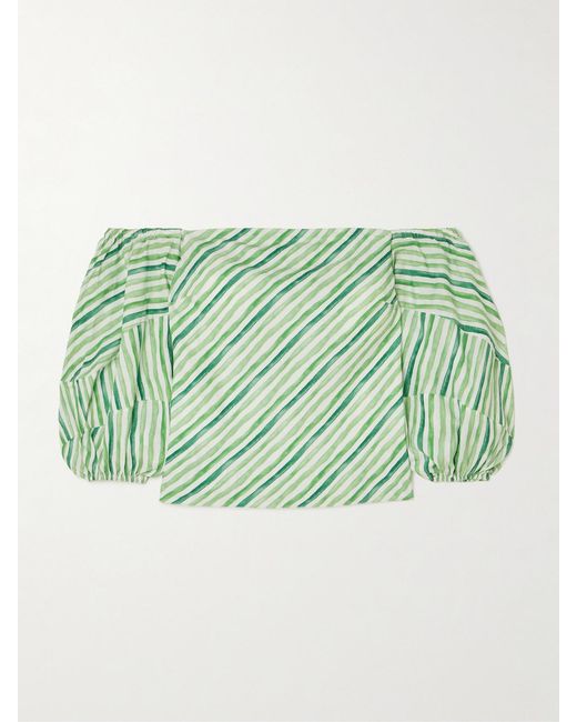 Rosie Assoulin Green Off-The-Shoulder Striped Tencel Lyocell And Linen-Blend Blouse