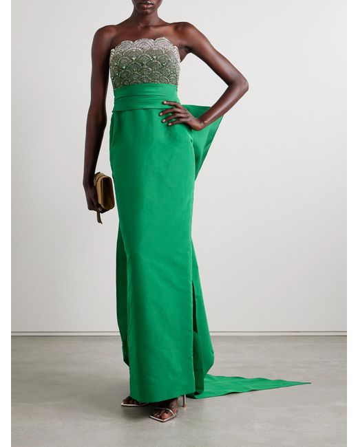 Oscar de la Renta Green Strapless Silk-Faille And Embellished Tulle Gown