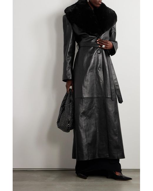 Magda Butrym Black Belted Convertible Shearling-trimmed Leather Coat
