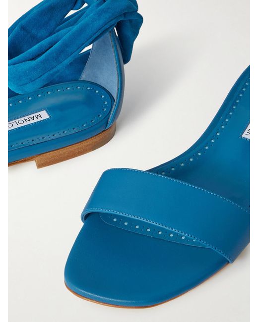 Manolo Blahnik Blue Chastanaflat Lace-Up Suede And Leather Sandals