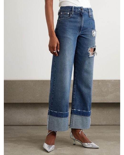 Simone Rocha Blue Embellished Distressed Wide-Leg Jeans