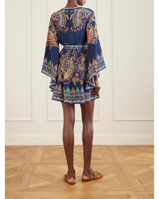 Etro Blue Belted Paisley-Print Silk-Twill Mini Dress