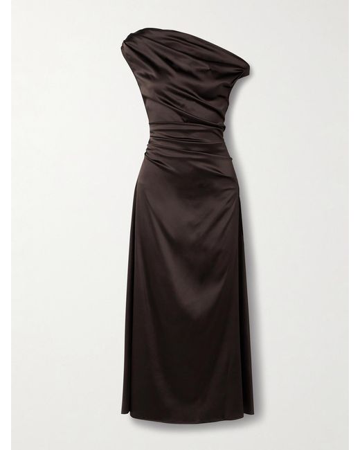 Staud Black Phare Draped Silk-Blend Midi Dress