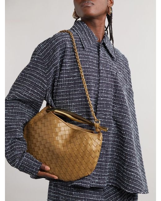 Bottega Veneta Brown Sardine Small Intrecciato Leather Shoulder Bag With Chain
