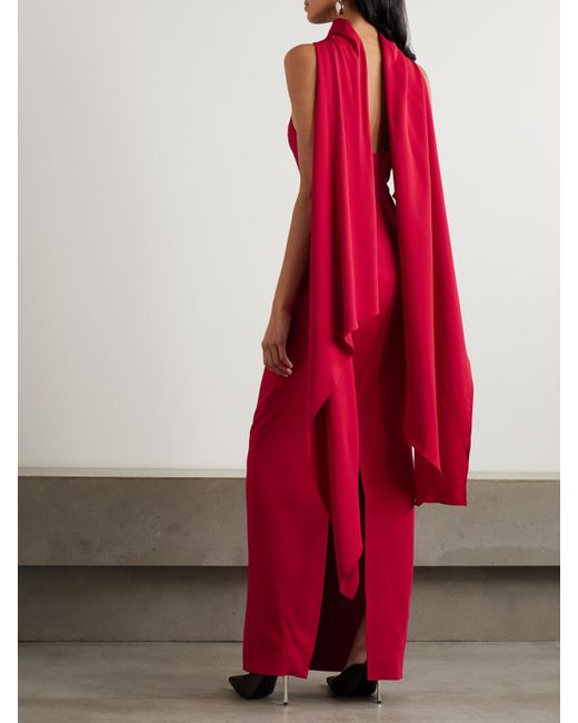 Solace London Red Emerson Draped Open-Back Crepe Halterneck Gown