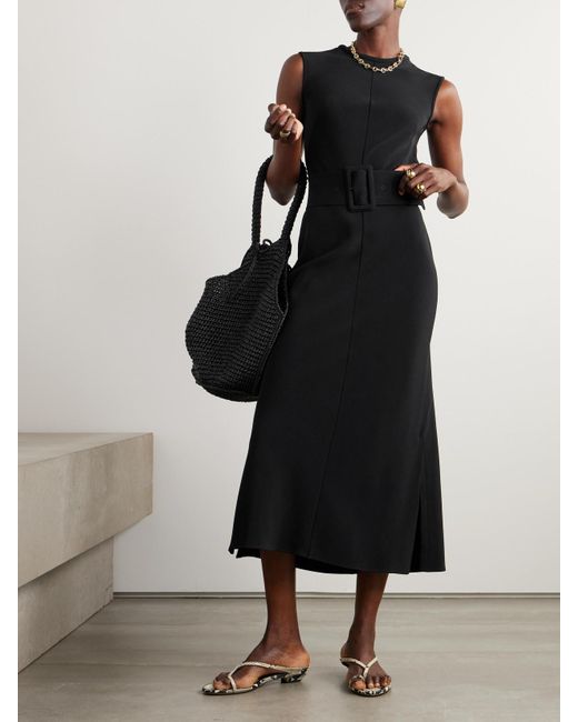 Another Tomorrow Black Midikleid Aus Crêpe Mit Gürtel