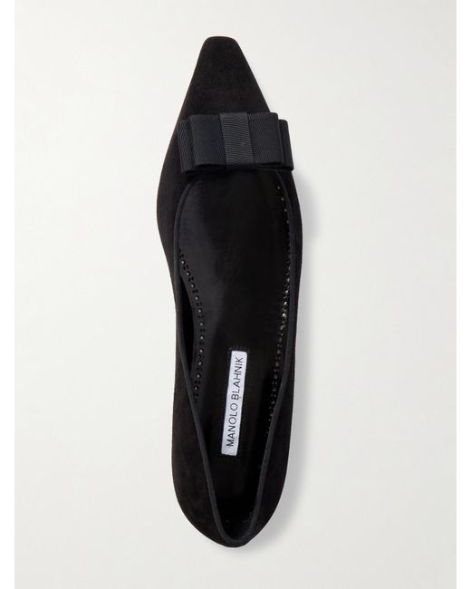Manolo Blahnik Black Reador 10 Bow-Detailed Suede Point-Toe Flats