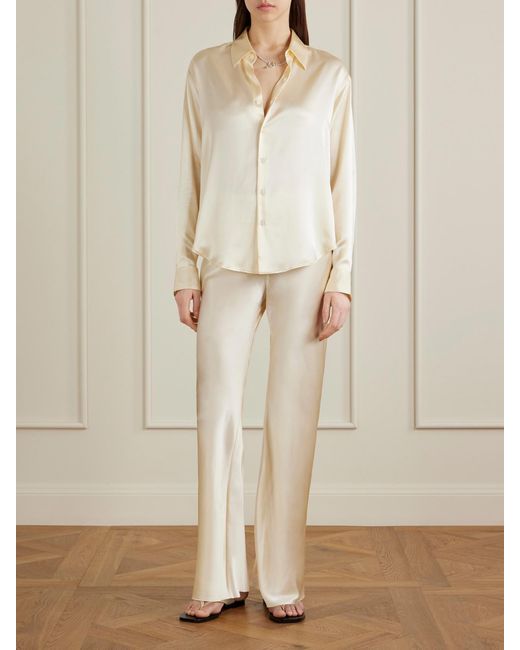 Comme Si Natural Bias Appliquéd-Silk Straight-Leg Pants