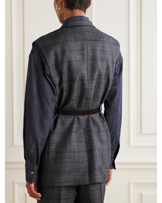 Brunello Cucinelli Black Bead-Embellished Leather-Trimmed Belted Prince Of Wales Checked Wool Vest