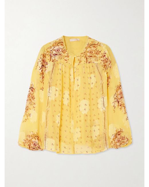 Ulla Johnson Yellow Aster Picot-Trimmed Printed Silk-Blend Crepon Blouse