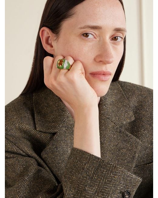 David Webb Green Double Stripe 18-Karat And Platinum Topaz, Jade And Diamond Ring