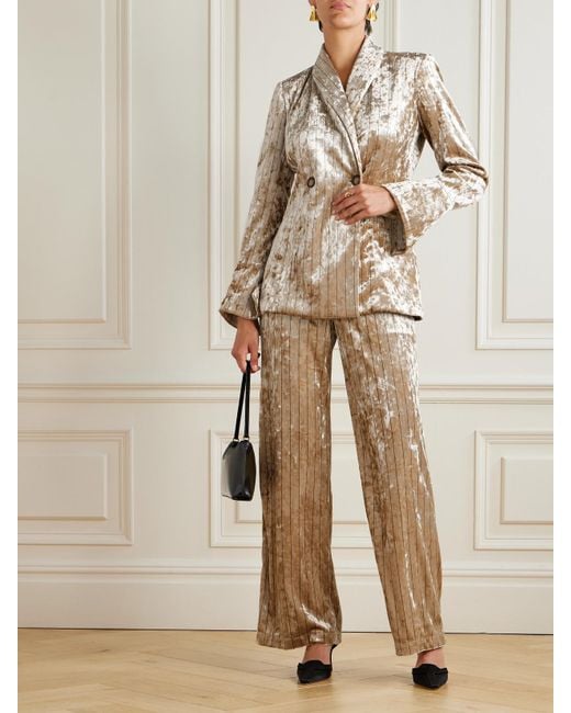 Loretta Caponi Natural Quarzo Double-Breasted Pinstriped Crushed-Velvet Blazer