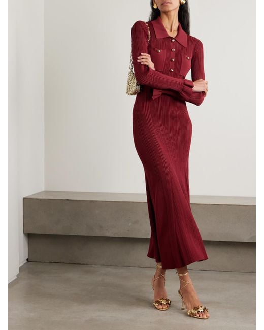 Self-Portrait Red Button-Embellished Ribbed-Knit Midi Dress