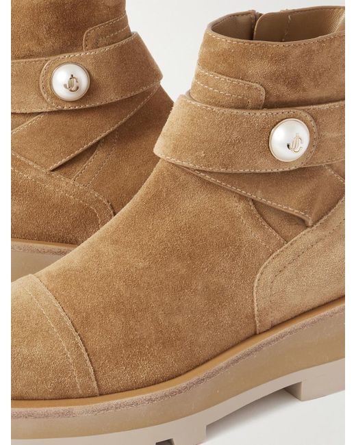 Jimmy Choo Natural Meena Faux Pearl-Embellished Suede Ankle Boots