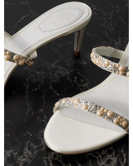 Rene Caovilla White Embellished Satin Mules