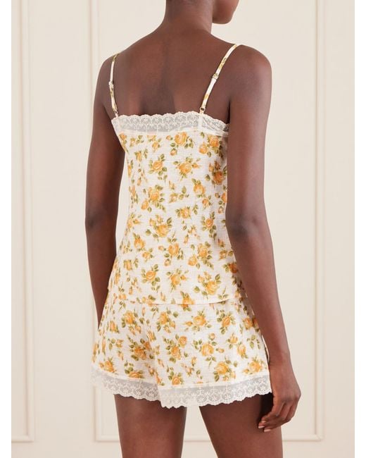 Miguelina Natural Olympia Floral-Printed Lace-Trimmed Linen Cami