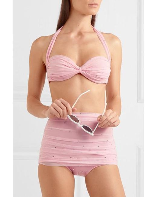 【NORMA KAMALI】bill フリル ホールターネック ビキニ トップ Norma Kamali Rhinestone-embellished Mesh Bikini Top in Pink