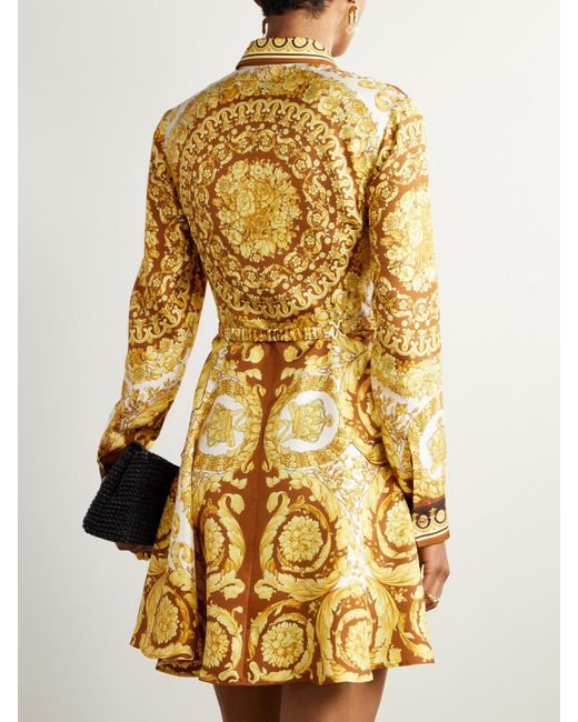 Versace Metallic Minikleid Aus Bedrucktem Seiden-Twill Mit Gürtel