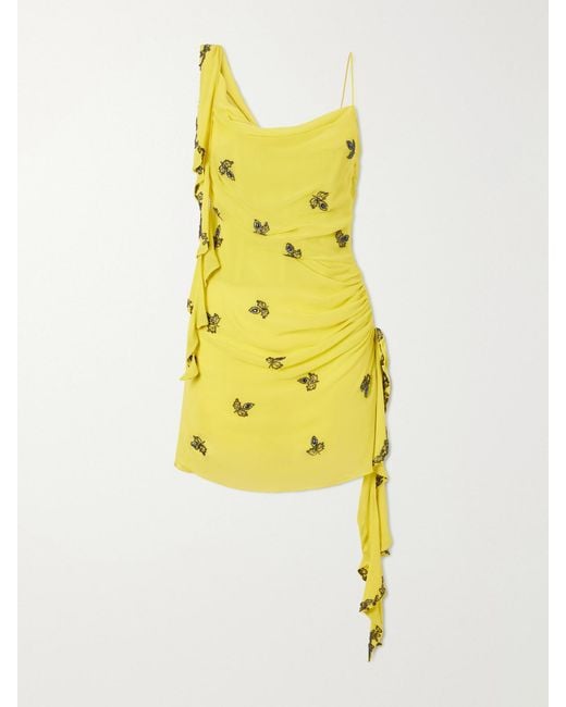 Clio Peppiatt Yellow Isola Asymmetric Gathered Embellished Chiffon Mini Dress