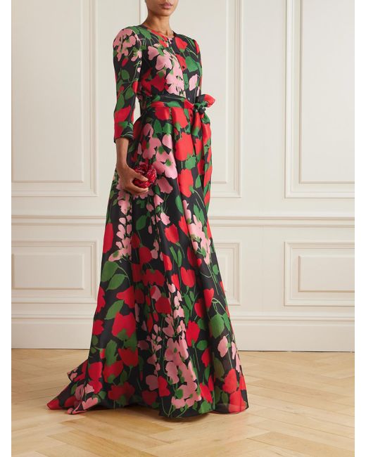 Carolina Herrera Red Belted Floral-Print Silk-Gazar Gown