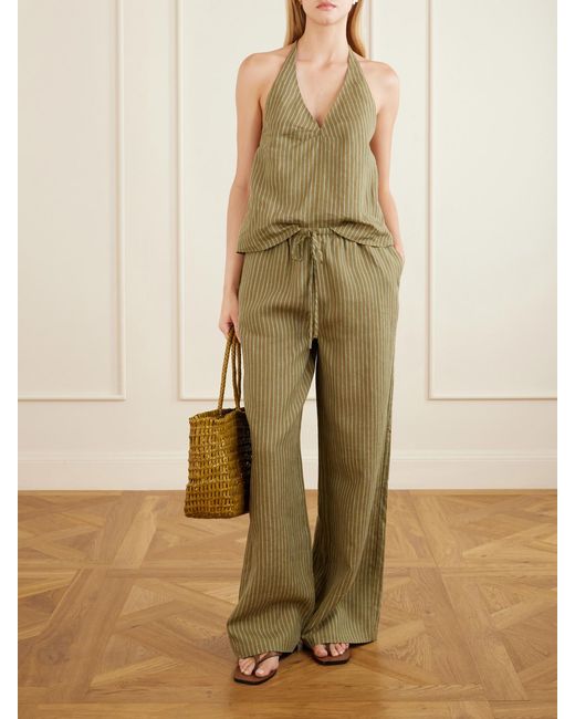 Staud Green Corso Striped Linen Halterneck Top