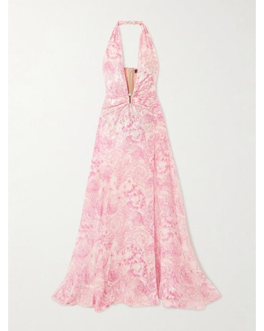 Versace Pink Embellished Metallic Printed Silk-Blend Chiffon Gown