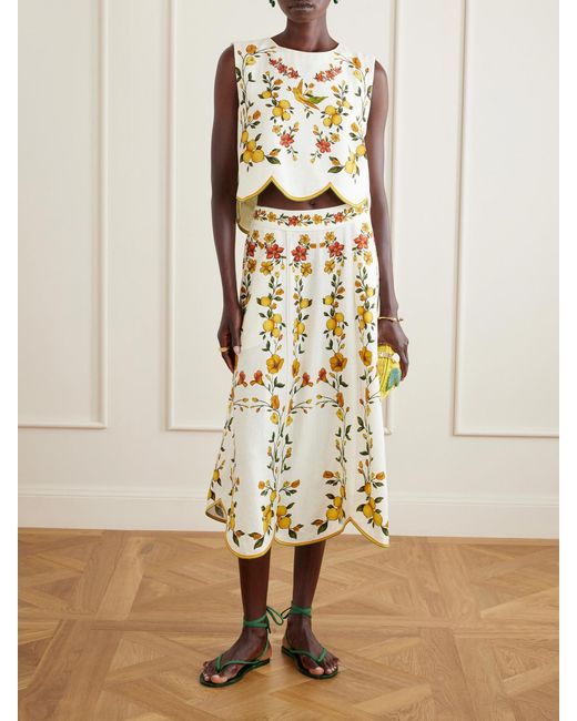 Farm Rio Metallic Lemon Bouquet Printed Linen-Blend Midi Skirt