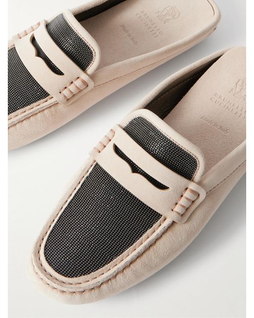 Brunello Cucinelli Natural Slippers Aus Veloursleder Mit Zierperlen