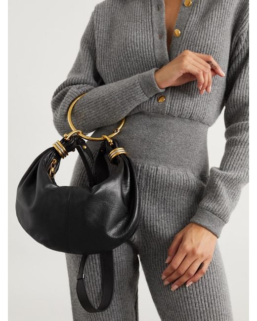 Chloé Black Bracelet Embellished Glossed Textured-Leather Shoulder Bag