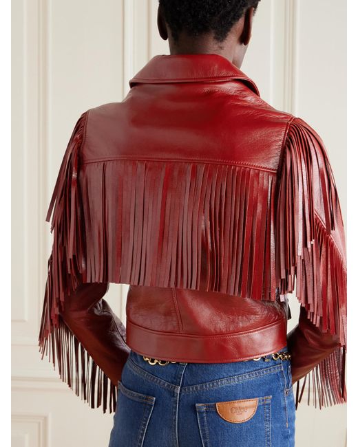 Chloé Red Cropped Fringed Leather Jacket
