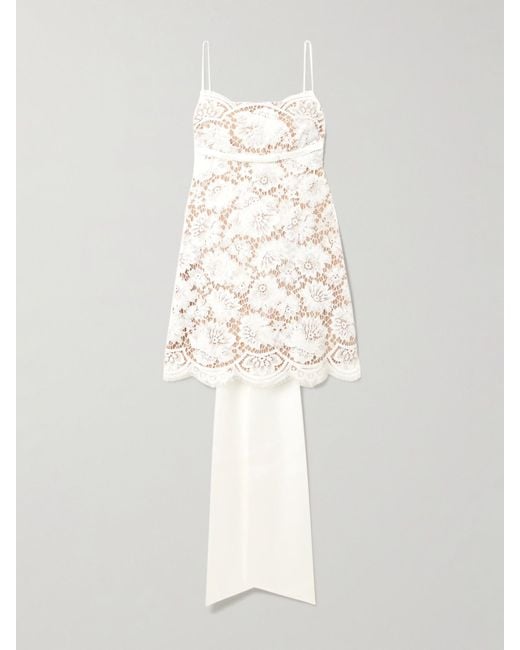 Self-Portrait White Open-Back Satin-Trimmed Lace Mini Dress