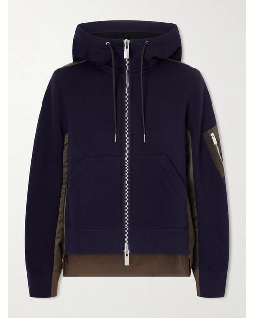 Sacai Blue Sponge Sweat Shell-Paneled Cotton-Blend Jersey Zip-Up Hoodie