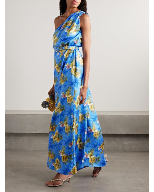 LaDoubleJ Blue Roy Asymmetrisches Maxikleid Aus Seiden-Twill Mit Blumenprint Und Gürtel