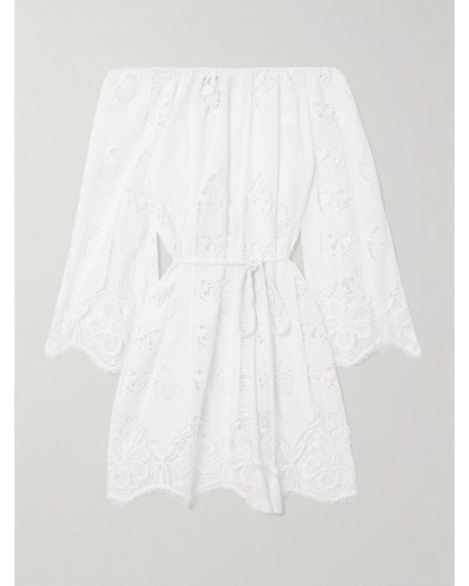 Miguelina White Brigette Off-The Shoulder Belted Lace-Trimmed Embroidered Cotton-Voile Mini Dress