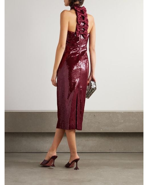 Rebecca Vallance Red Zelda Bow-Detailed Sequined Satin Midi Dress