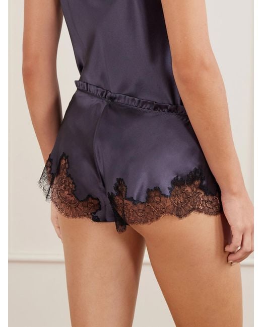 Carine Gilson Purple Lace-Trimmed Silk-Satin Shorts