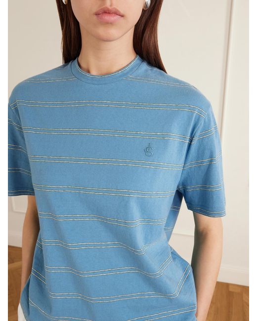 Jil Sander Blue Logo-Embossed Striped Cotton T-Shirt