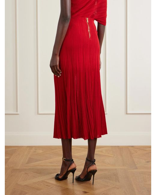 Balmain Red Plissé-Crepe Midi Skirt