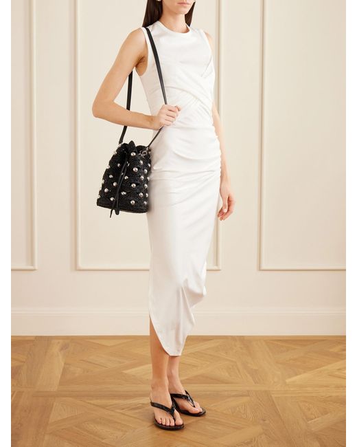 Rabanne White Embellished Leather-Trimmed Raffia Crossbody Bag