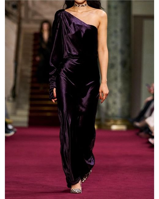 Zimmermann Black Illustration One-Sleeve Draped Velvet Maxi Dress