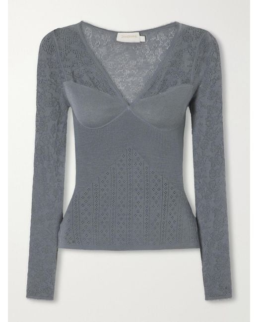 Zimmermann Gray Pointelle Merino Wool-Blend Lace Top