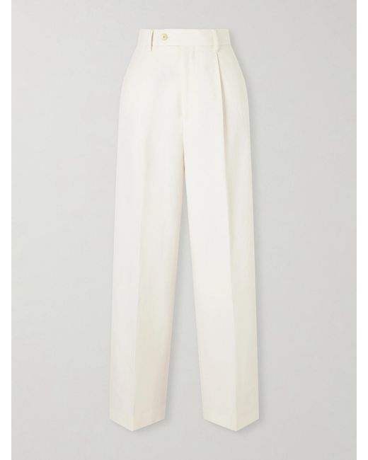 Auralee White Pleated Wool, Cotton And Linen-Blend Oxford Wide-Leg Pants