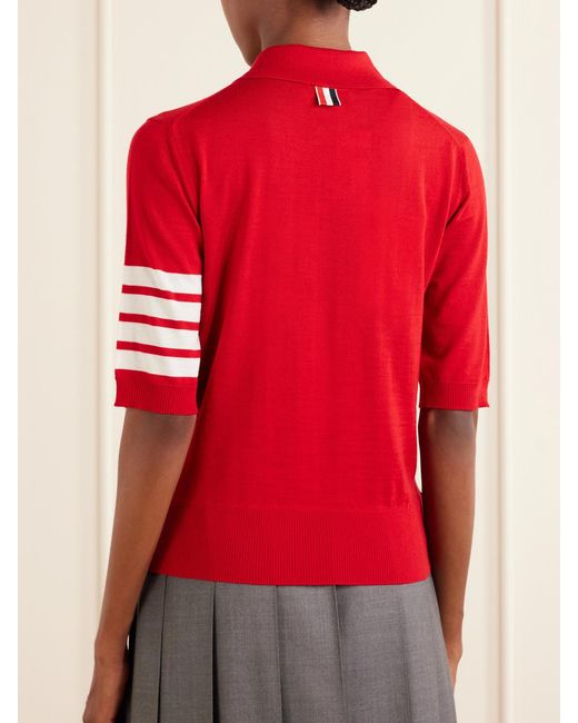 Thom Browne Red Grosgrain-Trimmed Striped Wool Polo Shirt