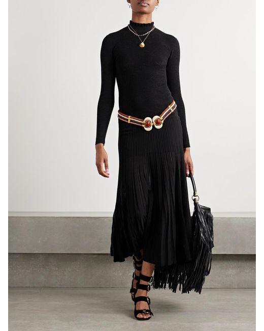 Isabel Marant Black Gisole Paneled Pointelle-Knit Turtleneck Maxi Dress