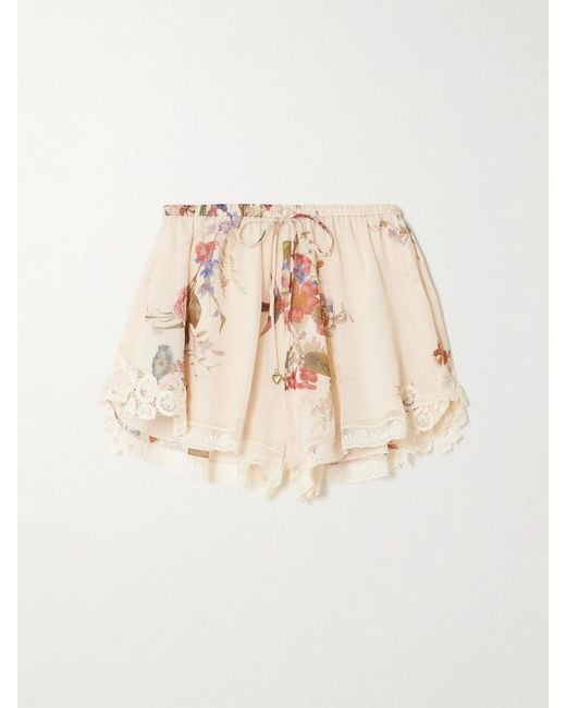 Zimmermann Natural Patience Lace-Trimmed Floral-Print Cotton And Silk-Blend Shorts